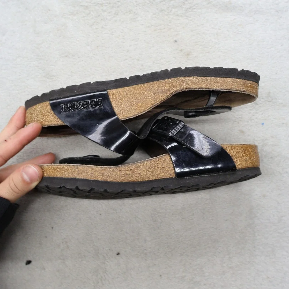 Birkenstock Women 4 EU35 Sandals Black Gizeh Patent Birko-Flor Cork Thong READ